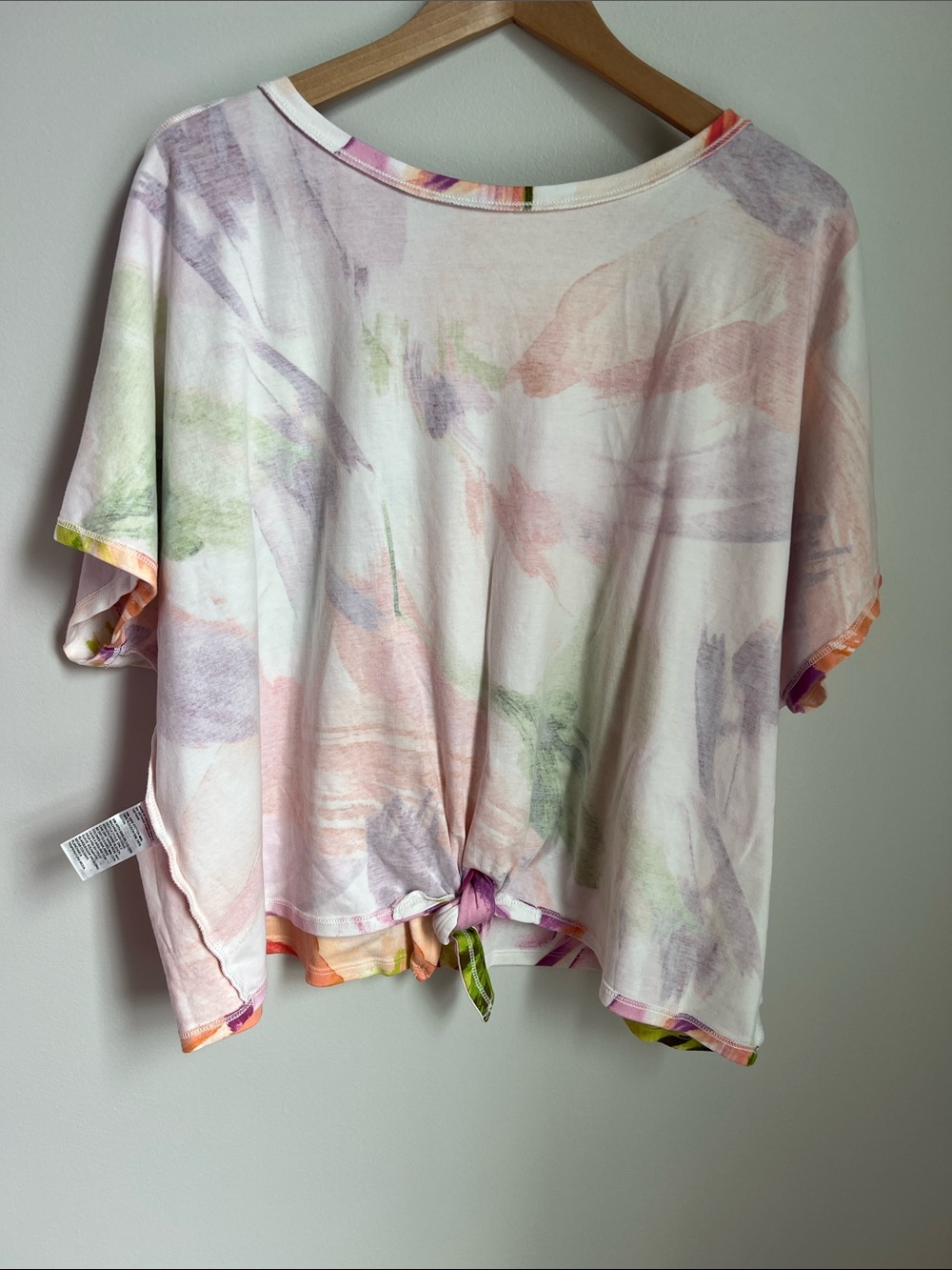 Chico's | White Boxy Tie-Front Cotton Top Pink Green Orange Brushstrokes Sz 3 - Picture 13 of 17